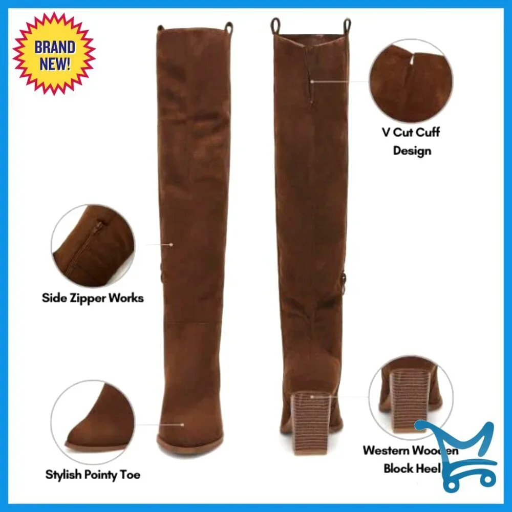 Faux Suede Knee High Boots Side Zipper Chunky Heel Stretch Winter